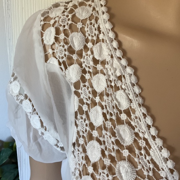 ivory chiffon sheer layered puff slv babydoll tunic blouse top L - Picture 5 of 11